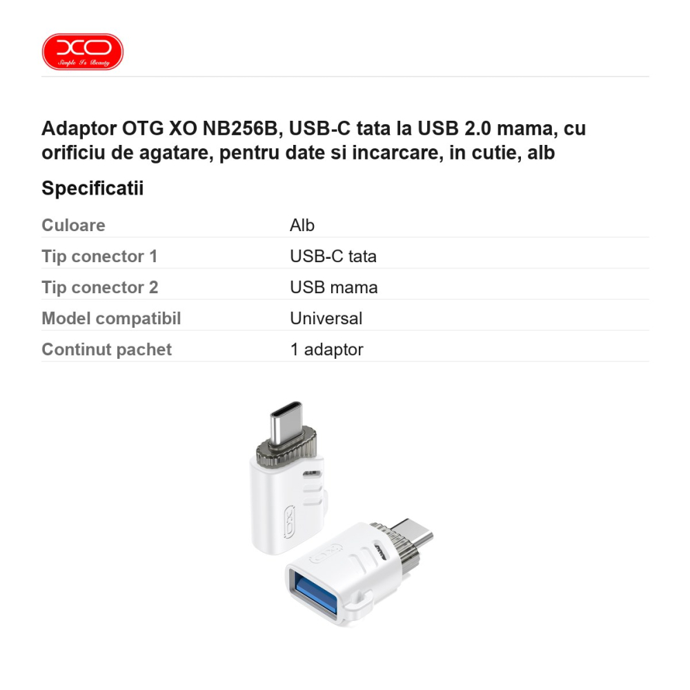Adaptor OTG XO NB256B, USB-C tata la USB 2.0 mama, cu orificiu de agatare, pentru date si incarcare, in cutie, alb [3]