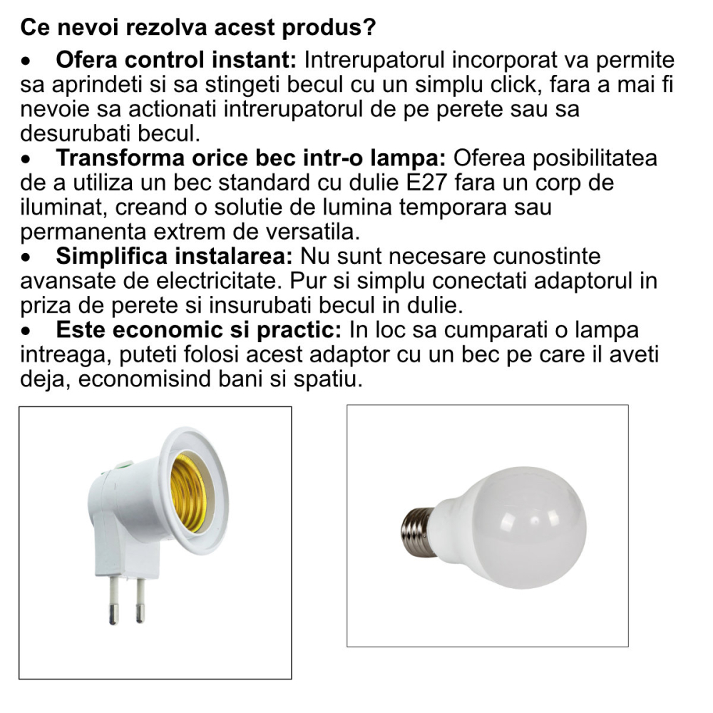 Adaptor Priza Bec E27 cu Intrerupator Incorporat Alb, Compact, dimensiuni 85 x 48 x 45 mm [3]