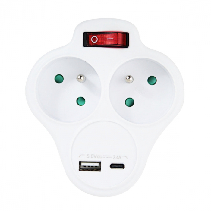 Adaptor priza dubla, 3680W, 16A, impamantare, cu port incarcare USB-C si USB-A, 5V, 2.4A, max 12W, cu un intrerupator, multiprotectie, dimensiuni 106 x 95 x 80 mm, alb [2]
