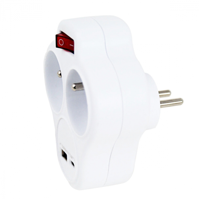 Adaptor priza dubla, 3680W, 16A, impamantare, cu port incarcare USB-C si USB-A, 5V, 2.4A, max 12W, cu un intrerupator, multiprotectie, dimensiuni 106 x 95 x 80 mm, alb [3]