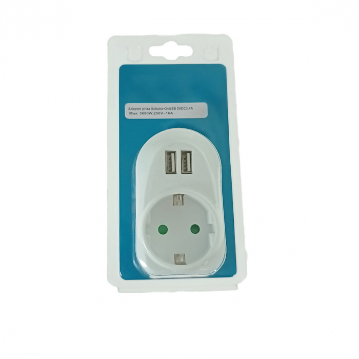 Adaptor priza Schuko cu 2xUSB, 21906, 5V 3.4A, 3680W, 250V 16A, alb [5]