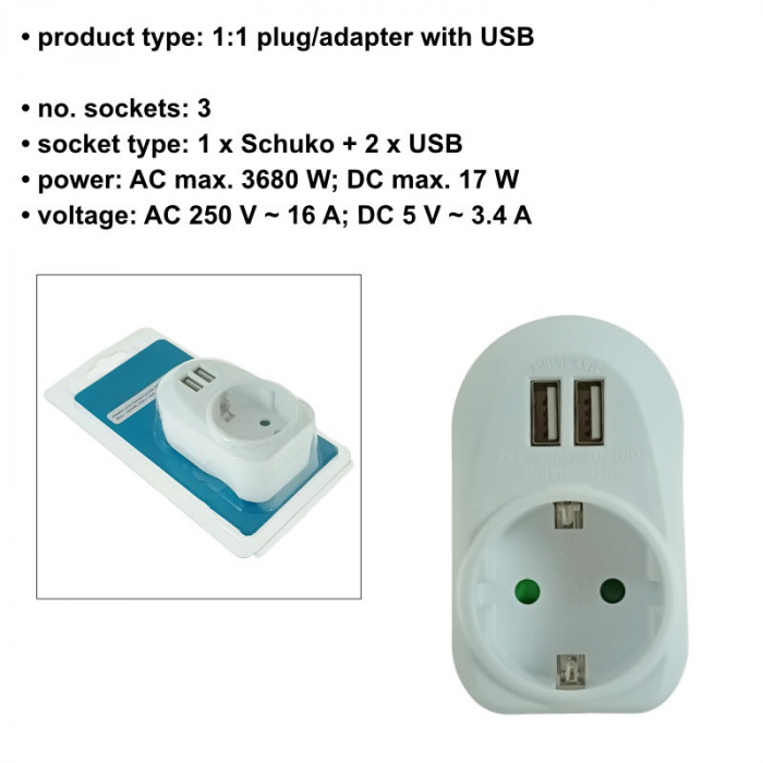 Adaptor priza Schuko cu 2xUSB, 21906, 5V 3.4A, 3680W, 250V 16A, alb [6]