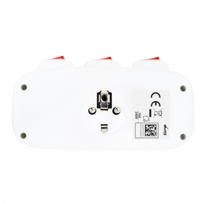 Adaptor priza tripla cu 3 intrerupatoare individuale, 3680W, 16A, cu impamantare, dimensiuni 152 x 85 x 82 mm, alb [5]