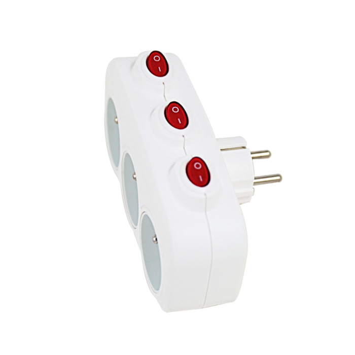 Adaptor priza tripla cu 3 intrerupatoare individuale, 3680W, 16A, cu impamantare, dimensiuni 152 x 85 x 82 mm, alb [2]