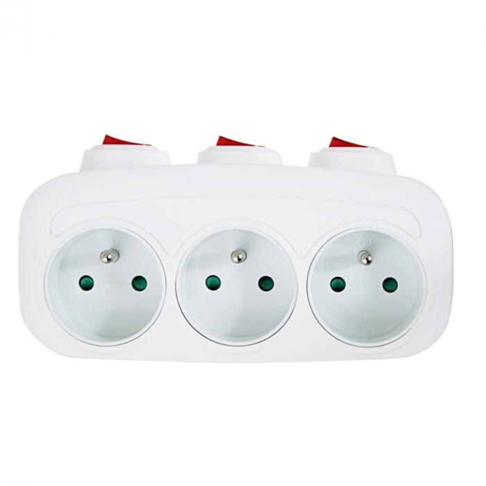 Adaptor priza tripla cu 3 intrerupatoare individuale, 3680W, 16A, cu impamantare, dimensiuni 152 x 85 x 82 mm, alb [1]