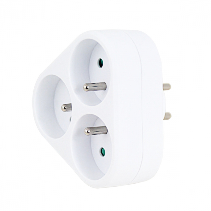 Adaptor priza tripla triunghiulara, 3680W, 16A, cu impamantare, dimensiuni 87 x 87 x 75 mm, alb [1]