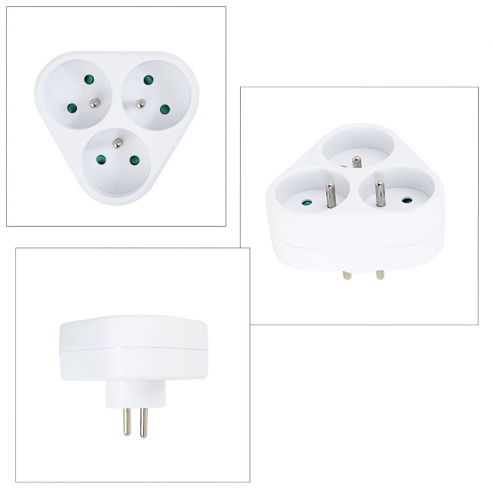 Adaptor priza tripla triunghiulara, 3680W, 16A, cu impamantare, dimensiuni 87 x 87 x 75 mm, alb [5]