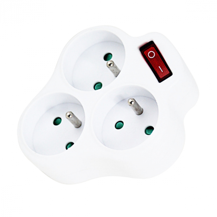 Adaptor priza tripla triunghiulara cu un intrerupator, 3680W, 16A, cu impamantare, dimensiuni 105 x 92 x 75 mm, alb [2]