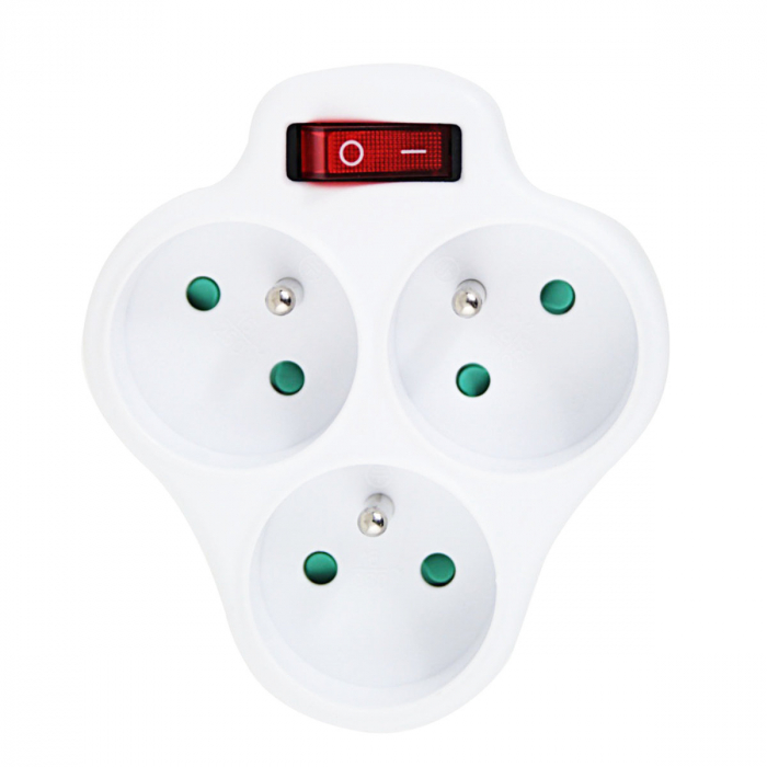 Adaptor priza tripla triunghiulara cu un intrerupator, 3680W, 16A, cu impamantare, dimensiuni 105 x 92 x 75 mm, alb [1]