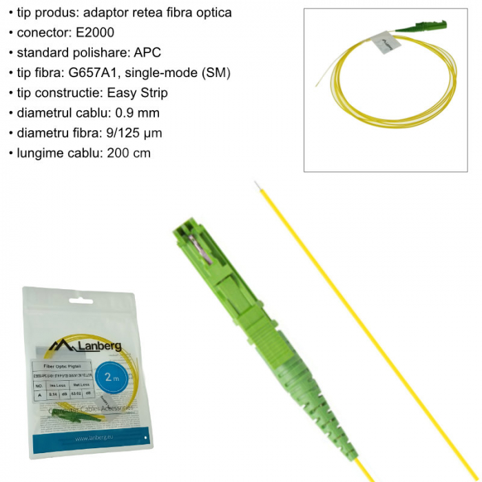 Adaptor retea fibra optica coada/Pigtail cu conector E2000/APC, lungime 2m, Lanberg 43354, Easy Strip SM OS2 G657A1, galben [6]