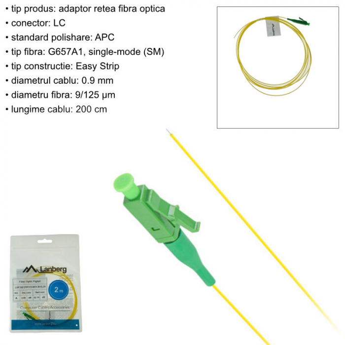 Adaptor retea fibra optica coada/Pigtail cu conector LC/APC, lungime 2m, Lanberg 43348, Easy Strip SM OS2 G657A1, galben [6]