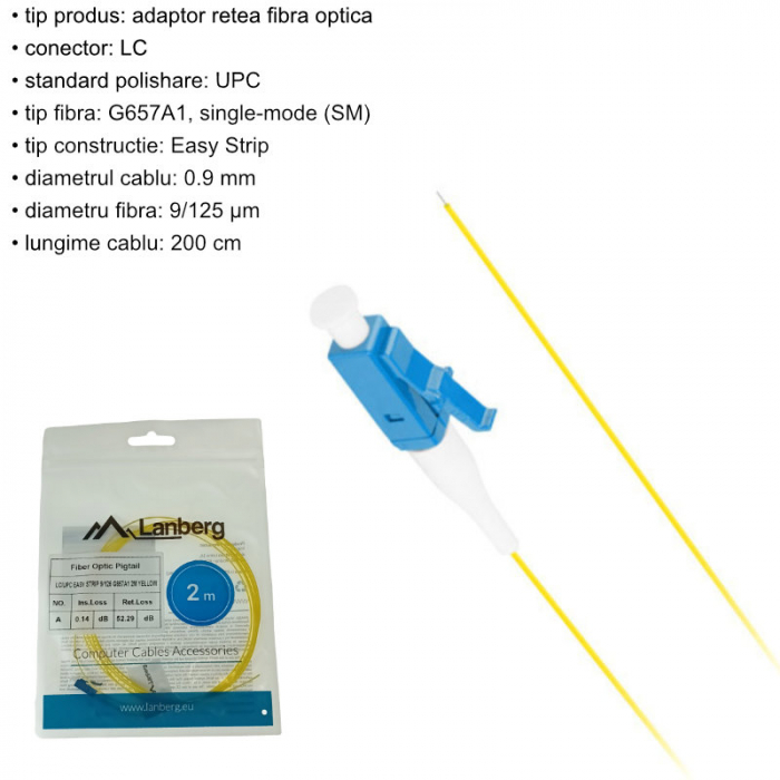 Adaptor retea fibra optica coada/Pigtail cu conector LC/UPC, lungime 2m, Lanberg 43349, Easy Strip SM G657A1, galben [5]