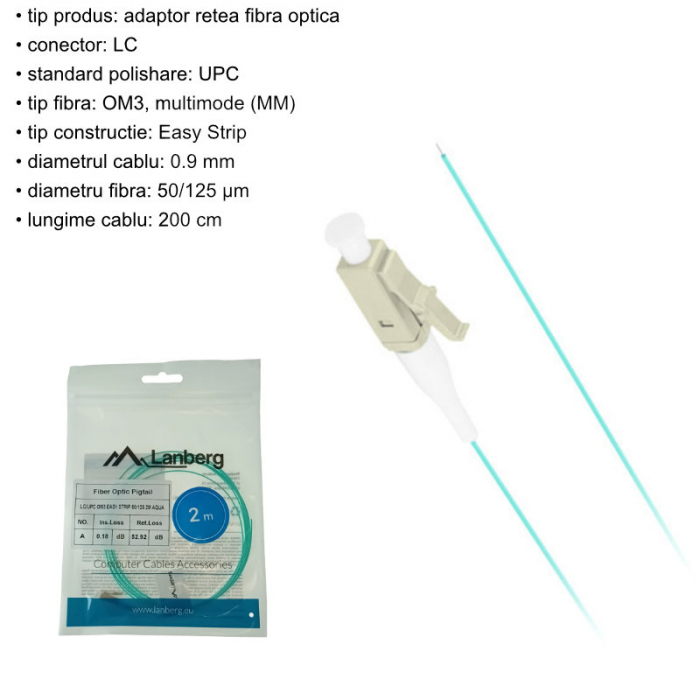 Adaptor retea fibra optica coada/Pigtail cu conector LC/UPC, lungime 2m, Lanberg 43358, Easy Strip MM OM3, turcoaz [5]