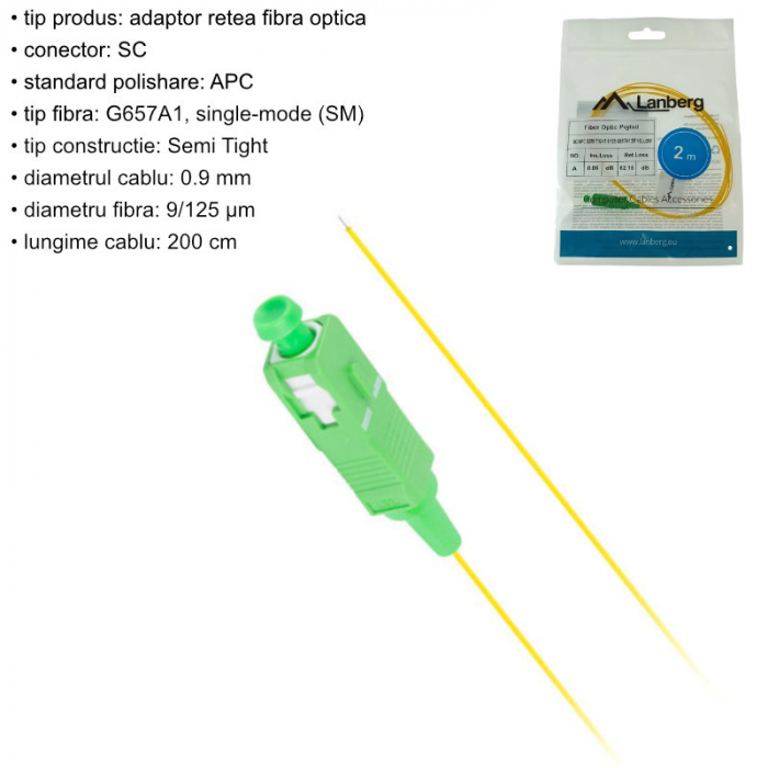 Adaptor retea fibra optica coada/Pigtail cu conector SC/APC, lungime 2m, Lanberg 43350, Semi Tight SM G657A1, galben [5]