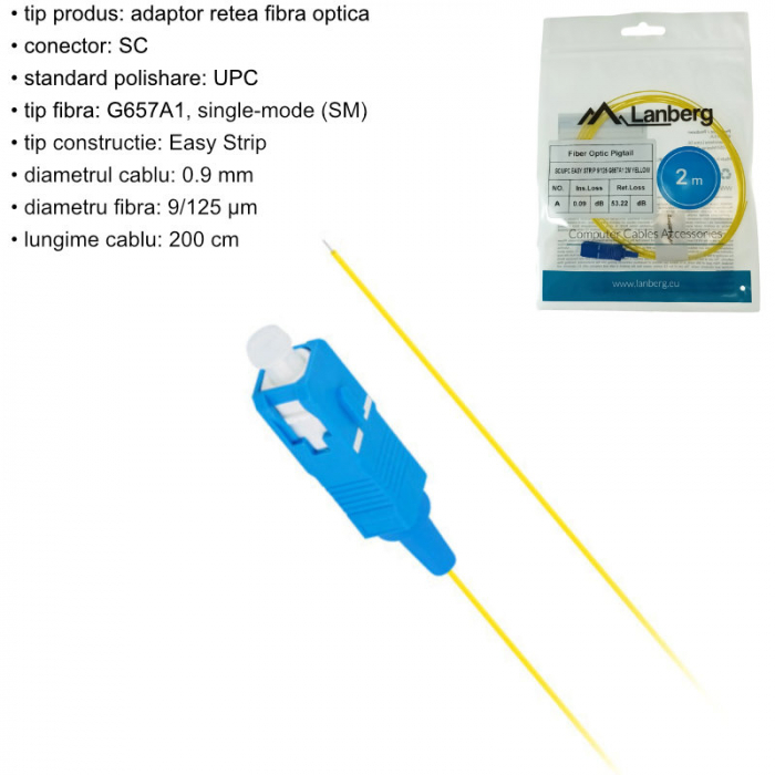 Adaptor retea fibra optica coada/Pigtail cu conector SC/UPC, lungime 2m, Lanberg 43352, Easy Strip SM G657A1, galben [5]