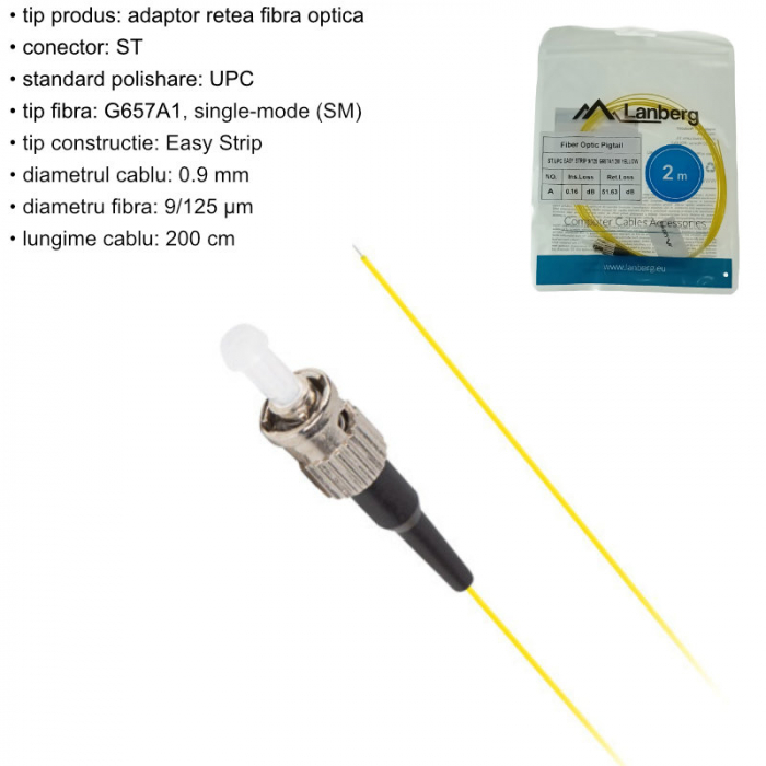 Adaptor retea fibra optica coada/Pigtail cu conector ST/UPC, lungime 2m, Lanberg 43353, Easy Strip SM G657A1, galben [5]