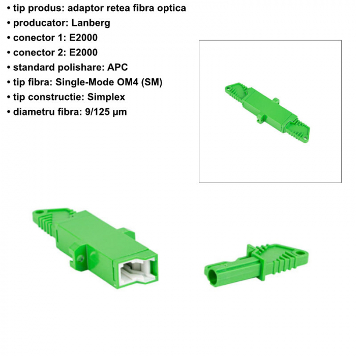 Adaptor retea fibra optica cu conectori E2000/APC, Lanberg 43379, SM, SIMPLEX, verde [7]