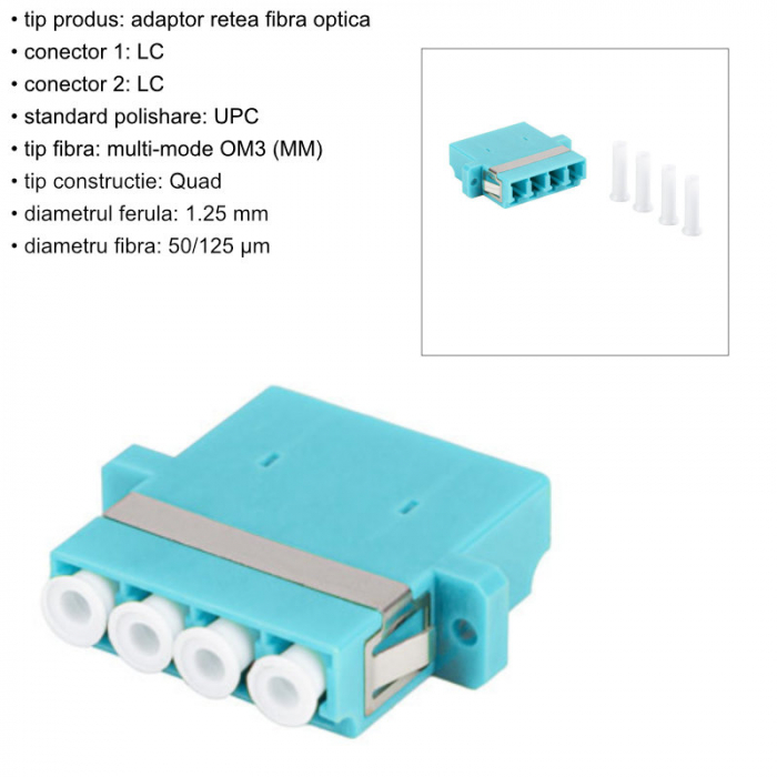 Adaptor retea fibra optica cu conectori LC/UPC, Lanberg 43376, MM QUAD OM3, turcoaz [6]