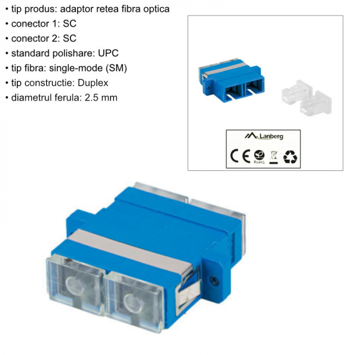 Adaptor retea fibra optica cu conectori SC/UPC, Lanberg 43367, SM DUPLEX, capace transparente, albastru [6]