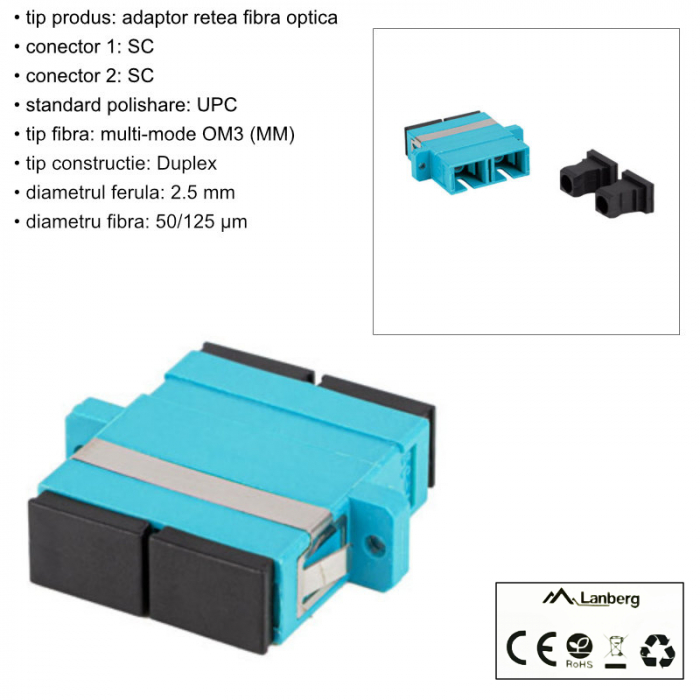 Adaptor retea fibra optica cu conectori SC/UPC, Lanberg 43372, MM DUPLEX OM3, turcoaz [6]