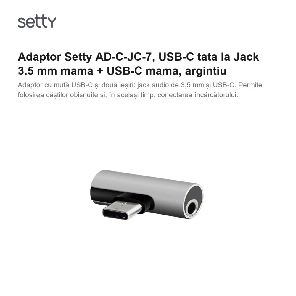Adaptor Setty AD-C-JC-7, USB-C tata la Jack 3.5 mm mama + USB-C mama, argintiu [2]