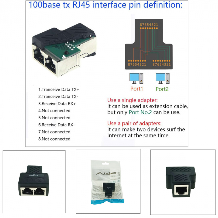 Adaptor splitter, RJ45 mama la 2 x RJ45 mama, cuplaj LAN, Lanberg 42380, negru [4]