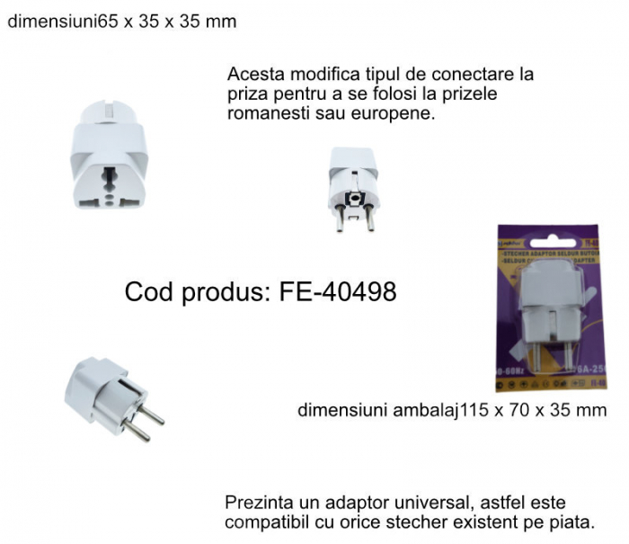 Adaptor stecher, pentru priza tip EU, in blister, alb [5]