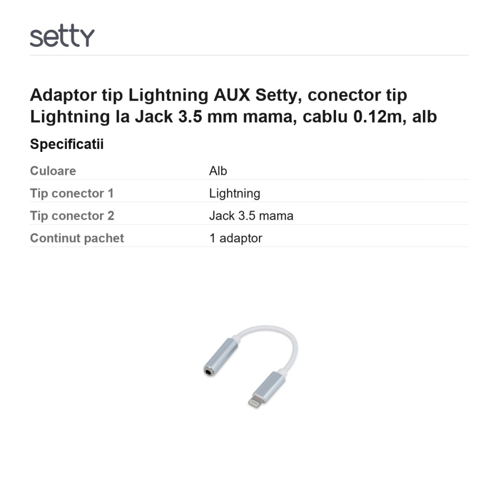 Adaptor tip Lightning AUX Setty, conector tip Lightning la Jack 3.5 mm mama, cablu 0.12m, alb [3]