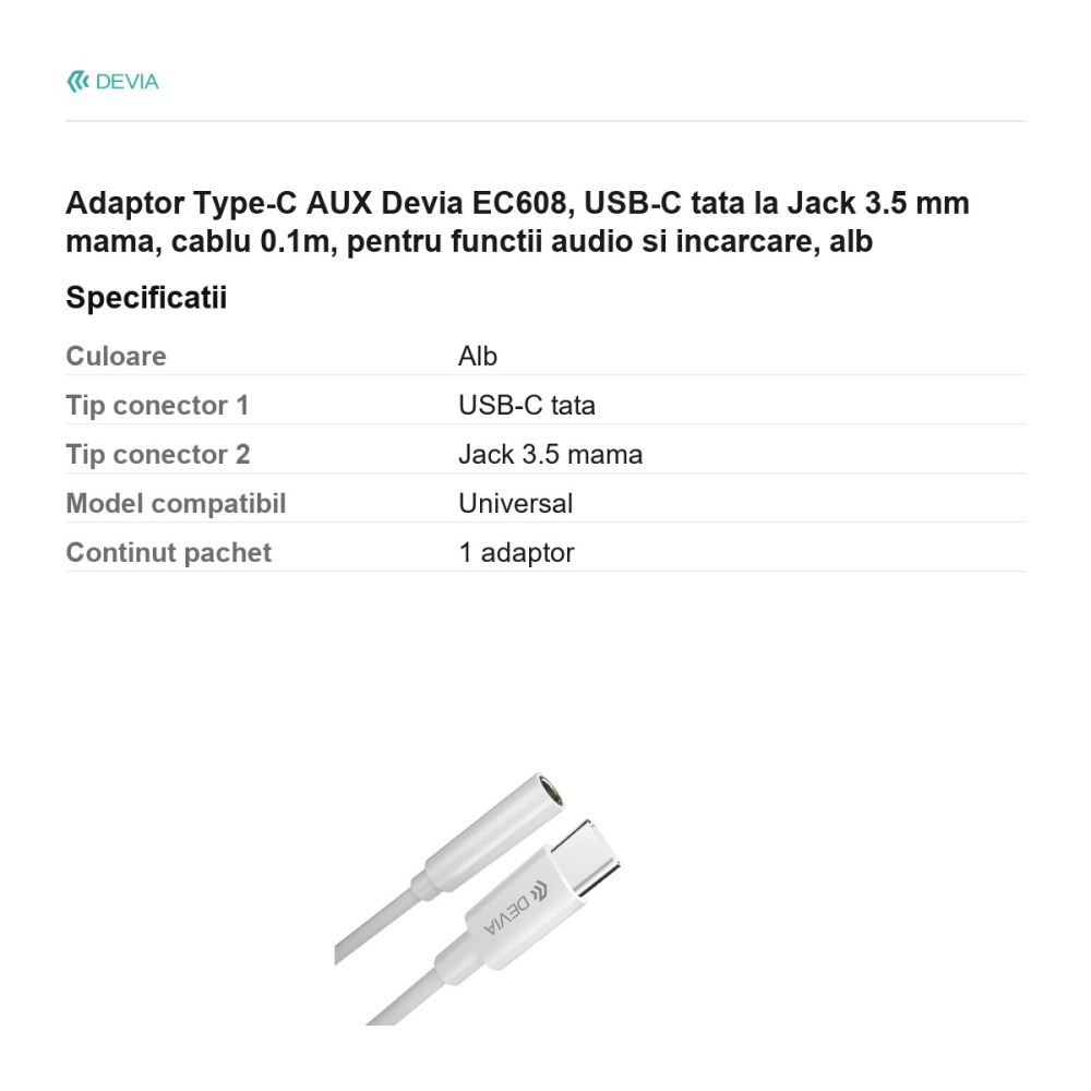 Adaptor Type-C AUX Devia EC608, USB-C tata la Jack 3.5 mm mama, cablu 0.1m, pentru functii audio si incarcare, alb [3]