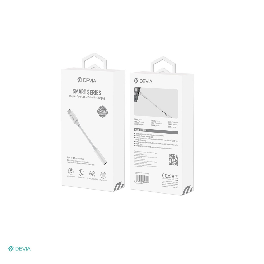 Adaptor Type-C AUX Devia EC608, USB-C tata la Jack 3.5 mm mama, cablu 0.1m, pentru functii audio si incarcare, alb [4]