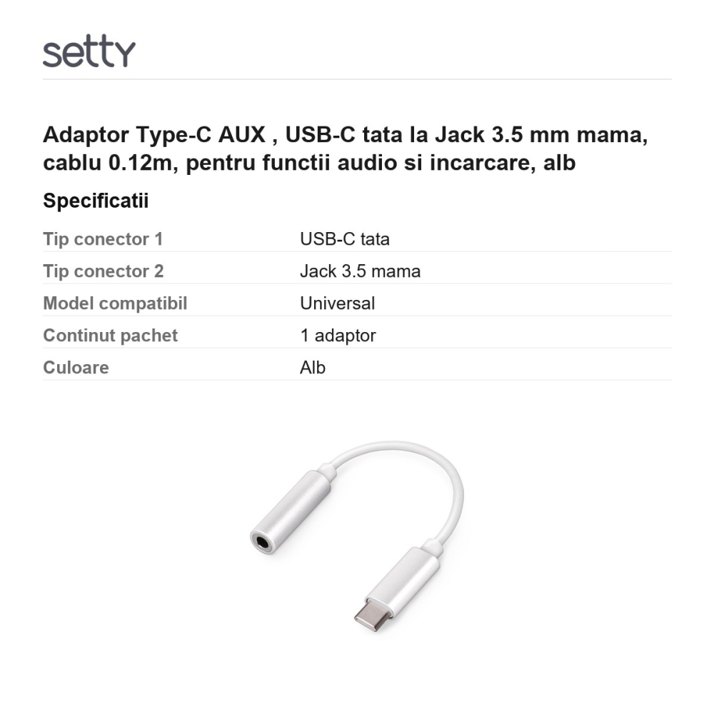 Adaptor Type-C AUX , USB-C tata la Jack 3.5 mm mama, cablu 0.12m, pentru functii audio si incarcare, alb [3]