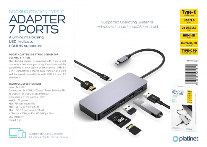 Adaptor USB 3.0 tip C multifunctional 7 in 1, Platinet 45221, HDMI 4K, USB-C PD, cititor card micro/SD, HUB 3 port USB [9]