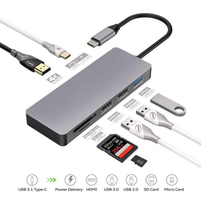 Adaptor USB 3.0 tip C multifunctional 7 in 1, Platinet 45221, HDMI 4K, USB-C PD, cititor card micro/SD, HUB 3 port USB [5]