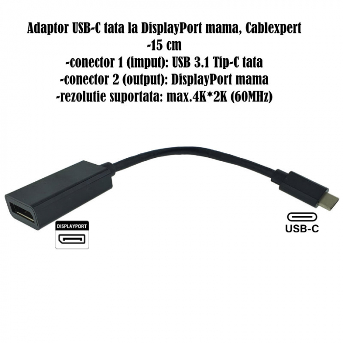 Adaptor USB-C tata la DisplayPort mama, Cablexpert 09761, 15 cm, negru [6]