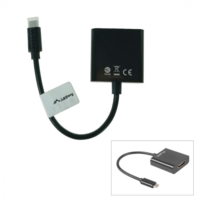 Adaptor USB-C tata la HDMI mama, Lanberg 41848, interfata USB 3.1 gen.1, FHD, 2.7Gbps, cablu 15cm, negru [2]