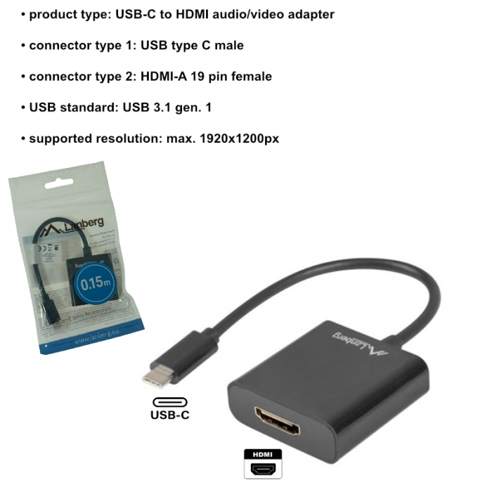 Adaptor USB-C tata la HDMI mama, Lanberg 41848, interfata USB 3.1 gen.1, FHD, 2.7Gbps, cablu 15cm, negru [5]