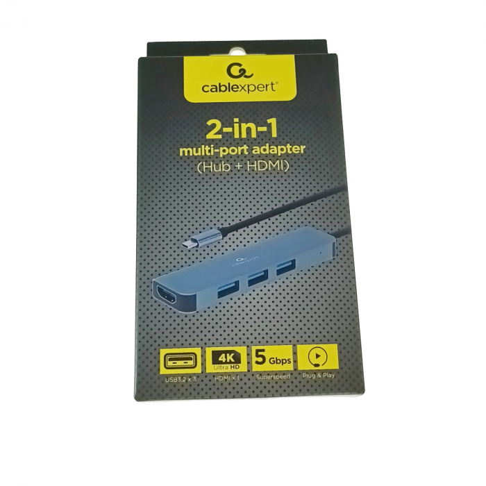Adaptor USB tip C, interfata USB 3.2 gen.1, multifunctional, Cablexpert 12144, port HDMI 4K, HUB 3 x USB, gri [5]