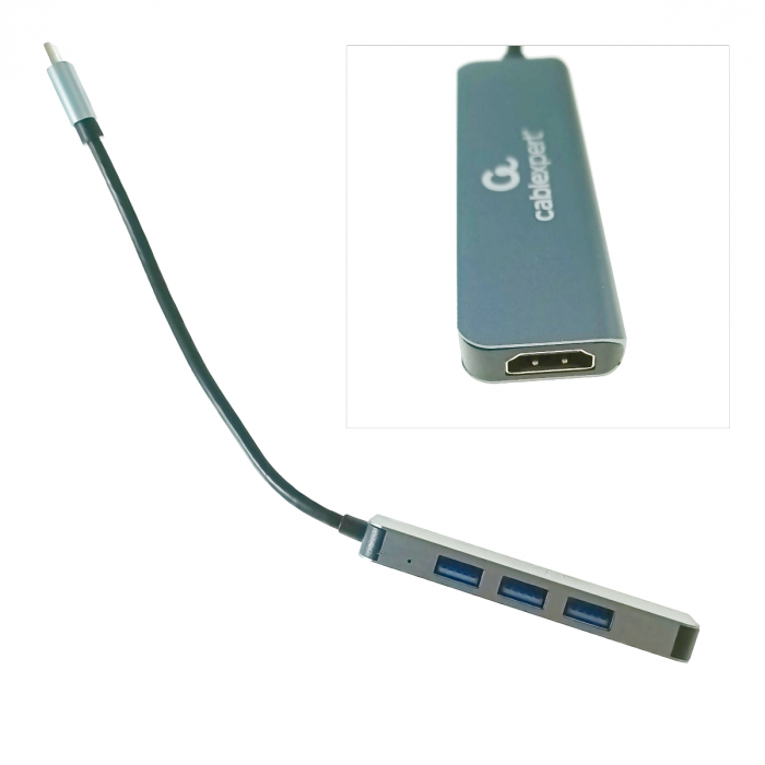 Adaptor USB tip C, interfata USB 3.2 gen.1, multifunctional, Cablexpert 12144, port HDMI 4K, HUB 3 x USB, gri [4]