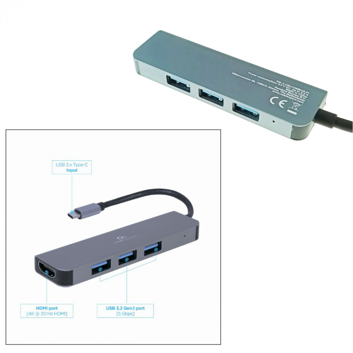 Adaptor USB tip C, interfata USB 3.2 gen.1, multifunctional, Cablexpert 12144, port HDMI 4K, HUB 3 x USB, gri [2]