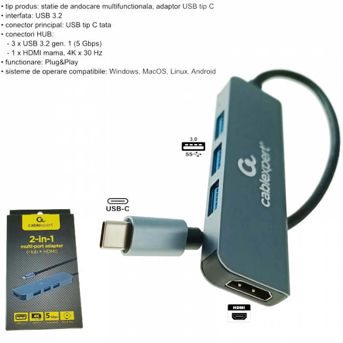 Adaptor USB tip C, interfata USB 3.2 gen.1, multifunctional, Cablexpert 12144, port HDMI 4K, HUB 3 x USB, gri [6]