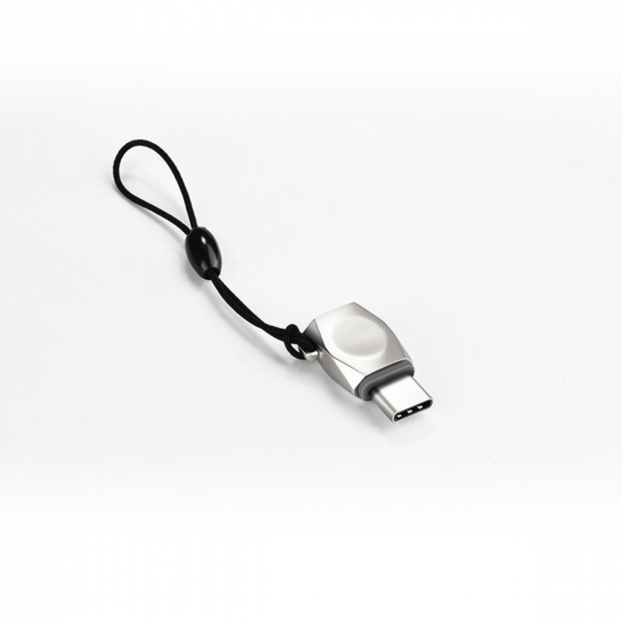 Adaptor USB tip C tata la microUSB mama, HOCO UA8, carcasa aliaj de zinc, cu snur elastic, argintiu [3]
