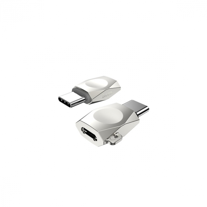 Adaptor USB tip C tata la microUSB mama, HOCO UA8, carcasa aliaj de zinc, cu snur elastic, argintiu [2]