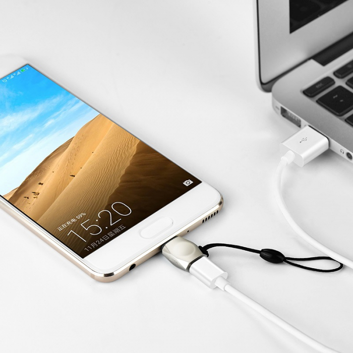 Adaptor USB tip C tata la microUSB mama, HOCO UA8, carcasa aliaj de zinc, cu snur elastic, argintiu [7]
