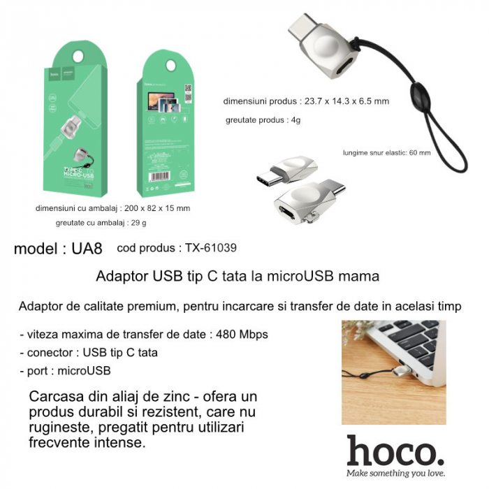 Adaptor USB tip C tata la microUSB mama, HOCO UA8, carcasa aliaj de zinc, cu snur elastic, argintiu [6]