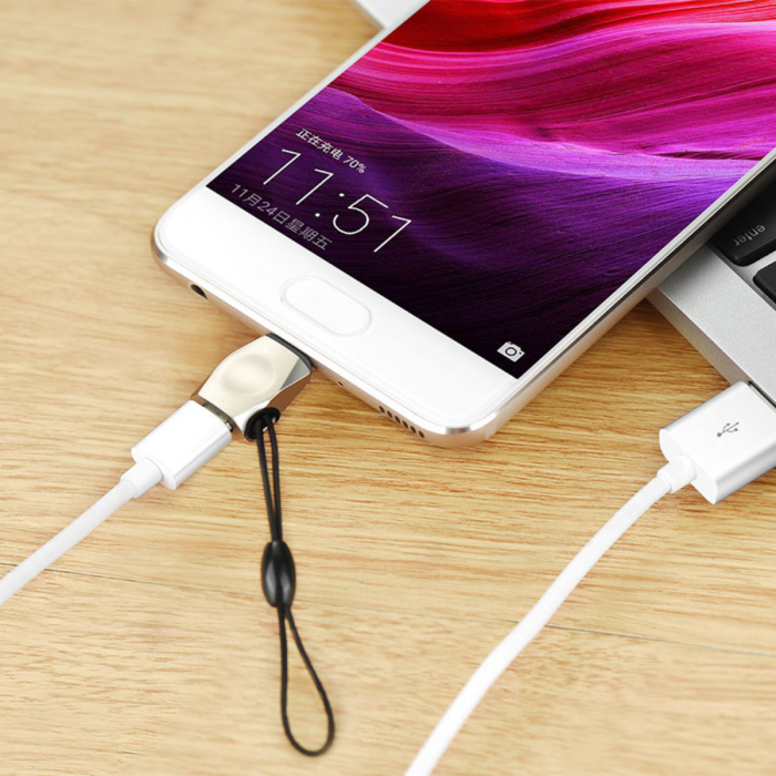 Adaptor USB tip C tata la microUSB mama, HOCO UA8, carcasa aliaj de zinc, cu snur elastic, argintiu [5]