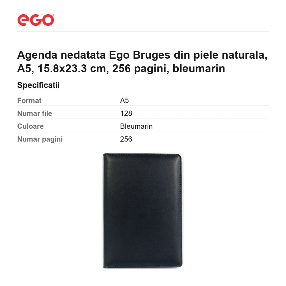 Agenda nedatata Ego Bruges din piele naturala, A5, 15.8x23.3 cm, 256 pagini, bleumarin [3]