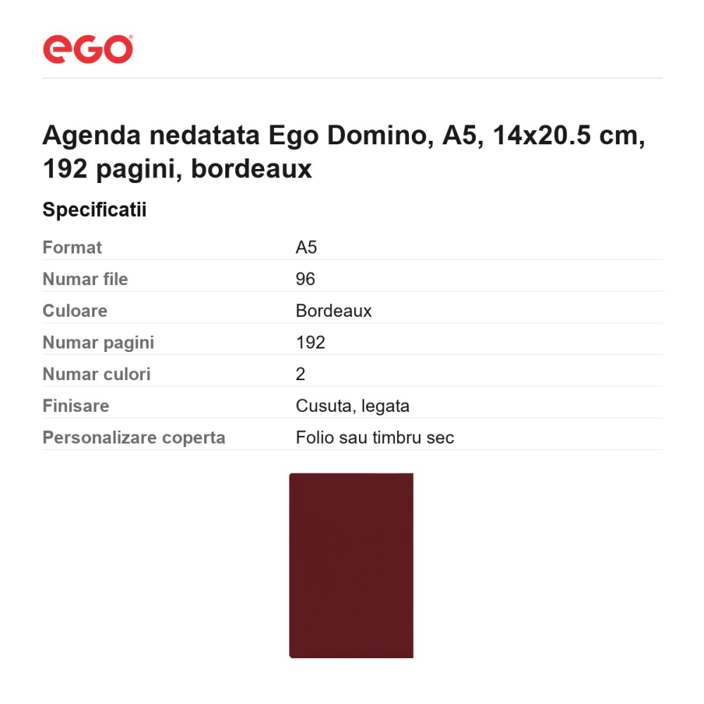 Agenda nedatata Ego Domino, A5, 14x20.5 cm, 192 pagini, bordeaux [3]
