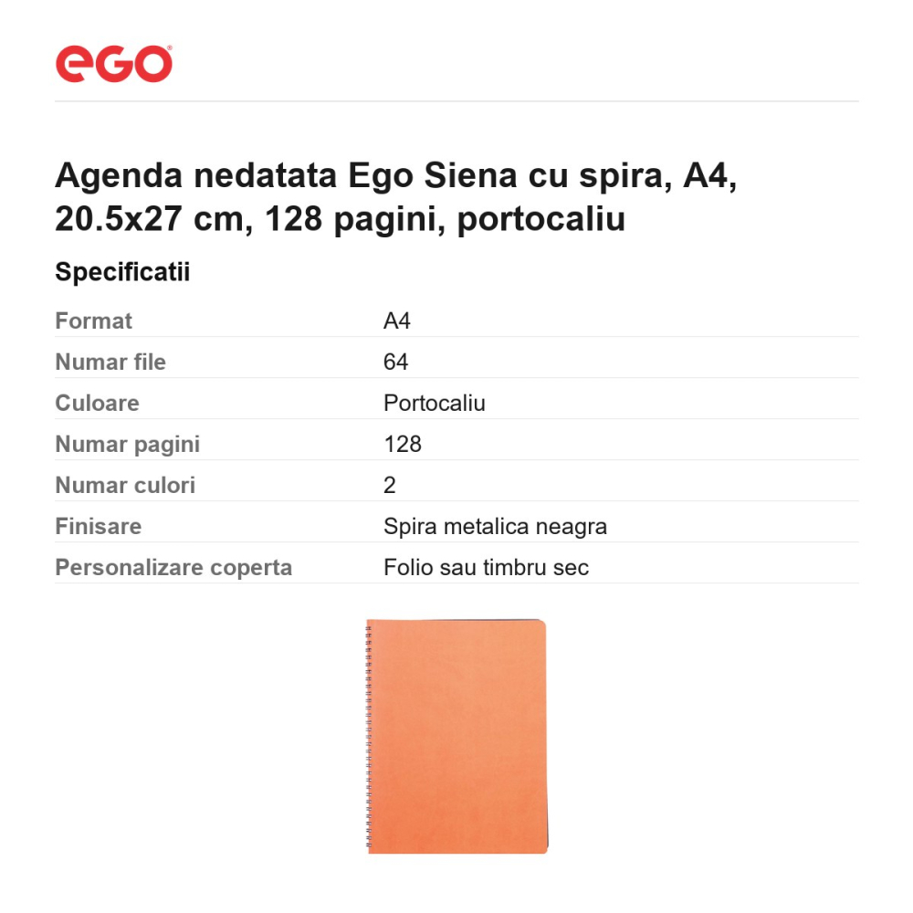 Agenda nedatata Ego Siena cu spira, A4, 20.5x27 cm, 128 pagini, portocaliu [3]