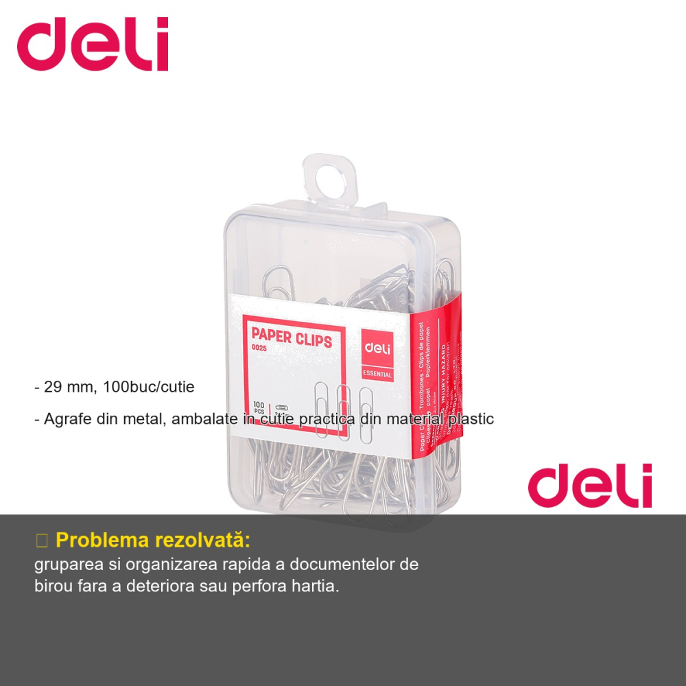Agrafe metalice 29mm Deli, cutie plastic 100 bucati, pentru organizarea documentelor de birou [2]