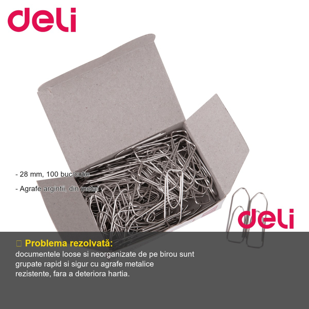 Agrafe metalice argintii Deli, 28 mm, cutie 100 bucati, pentru prindere documente [2]